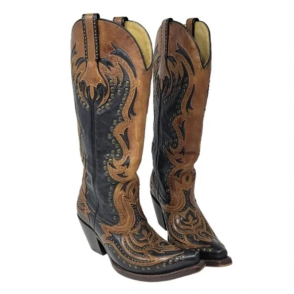 Corral Studded Inlay Leather Pointed Toe Western Cowboy Boots Country Size 7.5 M - Picture 2 of 10